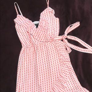 Aqua pink polka-dot wrap dress with waist tie